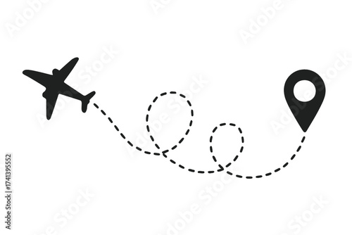 Airplane flight route with start and destination point. Dotted line path of a plane journey. Tourism and travel concept. Location pin, waypoint icon for a tourist trip.