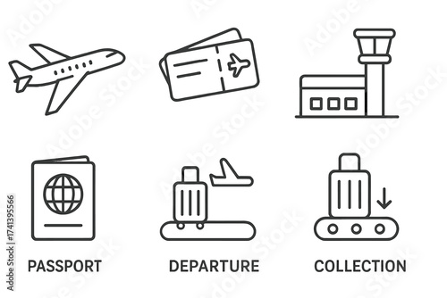 Airport and travel line icon set. Vector collection of thin outline symbols for aviation and tourism. Includes plane, passport, ticket, luggage, terminal, departure, and arrival.