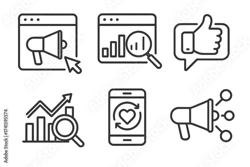 Digital marketing and advertising web icons collection. Line style symbols for SEO, analytics, social media feedback, customer loyalty, and viral promotion. Vector icon set.