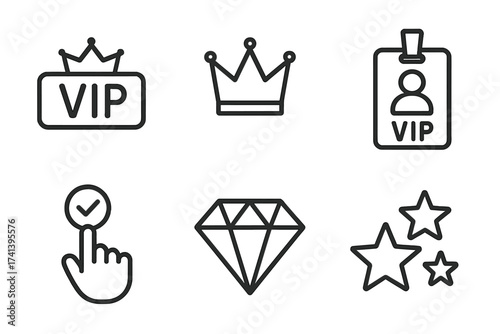 VIP icons set in line style, exclusive royalty service symbols with crown, diamond, check mark, stars, and ID pass, minimal vector illustration with transparent background, ordered collection