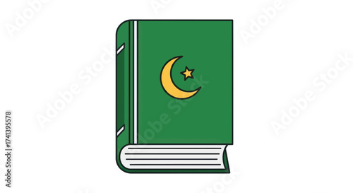 Green Islamic Book with Crescent Moon and Star Symbol.