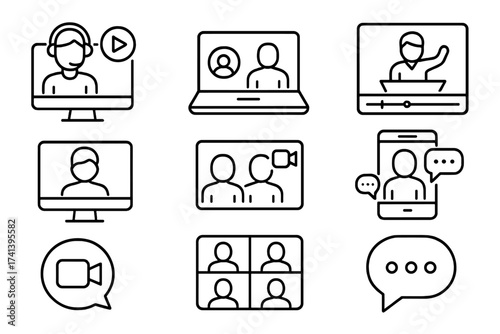 Video conference icons in modern line style, webinar, online event, webcast, virtual speaker, digital call, video meeting, chat bubbles, communication symbols, transparent background