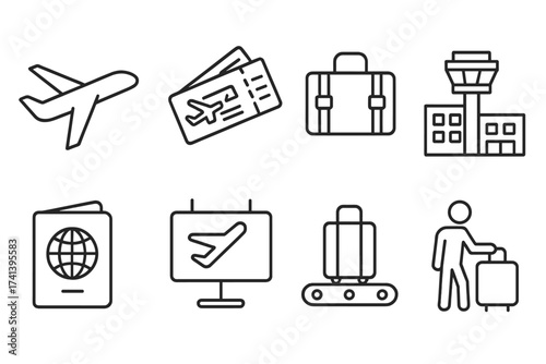 Airport line icon set. Travel and transportation symbols collection. Vector outline illustration of plane, tickets, passport, luggage, terminal, passenger, and baggage claim.