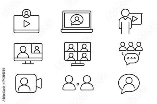Video conference icons set in modern line style, webinar, online event, webcast, speaker, call, meeting, chat, virtual communication symbols, outline vector illustrations with transparent background
