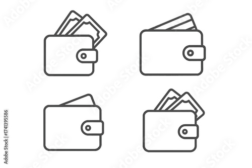 Wallet icons in line style graphic. Money cash card payment concept illustration. Minimalist vector set with transparent background. Financial wallet symbol collection for web and apps.