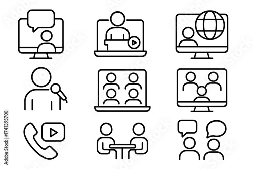 Video conference icons set in line style with webinar, online event, webcast, speaker, call, meeting, chat, virtual communication, group discussion, remote collaboration, vector illustration