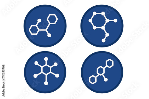 Set of molecular badges with connected hexagonal structures, DNA diagrams, medical and scientific symbols, chemical molecule icons, vector illustration