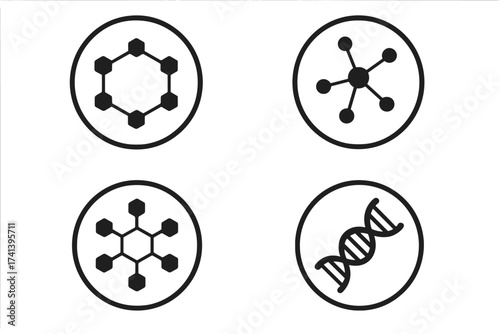 Molecular structure badge set with connected hexagonal molecules, DNA double helix icon, chemical bonds, molecule network diagrams, medical and scientific vector illustration
