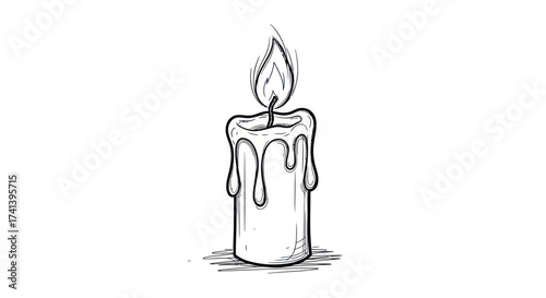 Hand-drawn Burning Candle Sketch with Dripping Wax.
