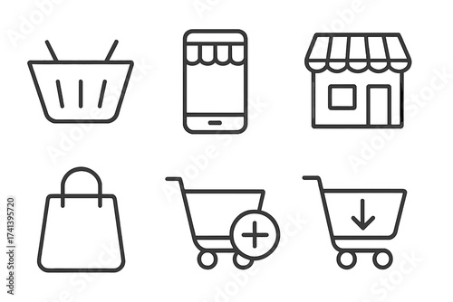 Shopping cart and web icons in line style, including shop basket, mobile store, online shop, shopping bag, add to cart, collection symbols, vector illustration with transparent background, ordered set