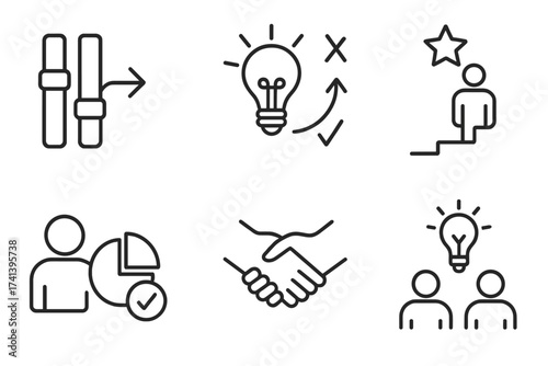 Solution web icons in line style for options, alternatives, success, results, problem resolution, teamwork concept, vector illustration set on transparent background