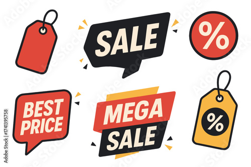 Sale tags and discount sticker set. Special offer and best price banner collection for retail promotion. Mega sale coupon and badge for online shopping. Vector illustration.