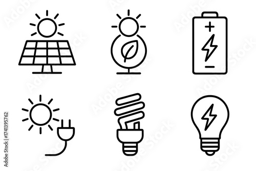 Solar Energy Icons in Line Style with Solar Panel, Green Energy, Battery, Renewable Power, Energy Saving, Electric Symbols Collection Vector Illustration Transparent