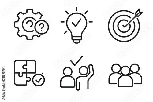 Solution web icons set in line style, concept of options, alternative ideas, success checkmark, result target, problem resolve, team collaboration, transparent background vector illustration