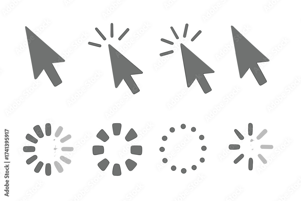 © Marie - Computer mouse click cursor arrow pointer icon set. Loading and waiting progress circle, wheel and spinner elements. Vector illustration for web design, UI, UX interface.