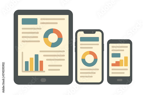 Vector illustration of user interface on digital tablet and mobile devices with flat infographic charts, web design elements, data visualization on screen, isolated on white background