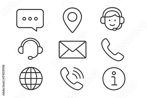 Contact us thin line icon set for web and mobile. Vector icons for customer service support. Includes chat, location pin, call center, email, phone, globe, and info symbols.