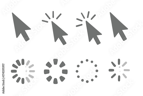 Computer mouse click cursor arrow pointer icon set. Loading and waiting progress circle, wheel and spinner elements. Vector illustration for web design, UI, UX interface.