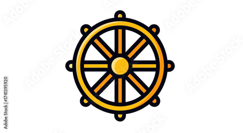 Gold Dharma Wheel Icon with Eight Spokes and Details.
