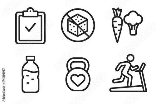 Healthy lifestyle line icon set. Diet plan, sugar free food, vegetables, hydration, fitness, cardio workout. Vector graphic collection for wellness, nutrition, and exercise concepts.