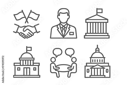 Diplomacy and government line icon set. Politics, international relations, and negotiation vector symbols. Ambassador, treaty, embassy, and consulate outline pictograms.