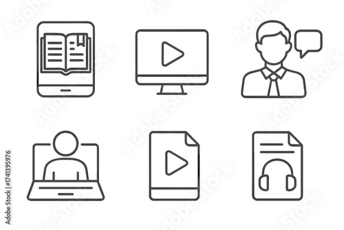 E-learning and online education thin line icon set. Vector symbols for distance learning, video tutorial, webinar, e-book, student, mentor, coaching, audio course, podcast.