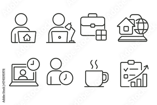 Working from home web icons in line style, freelance office portfolio set with hybrid work, remote online time management, coffee break, productivity, vector collection