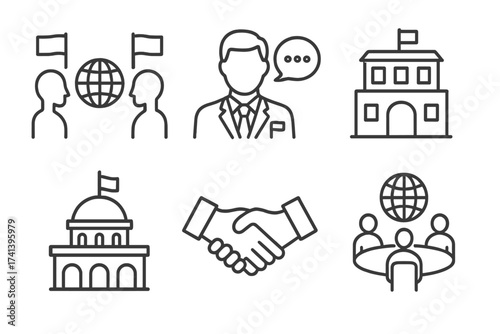 Diplomacy line icon set. Political, ambassador, government symbols. Vector collection for international relations, consulate, summit, and global partnership concepts.