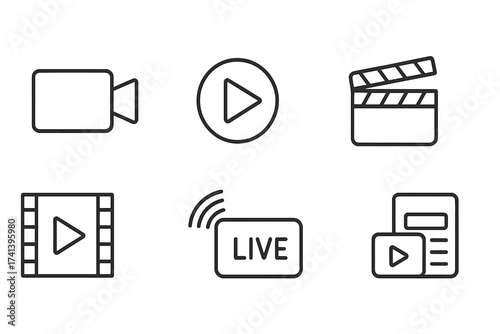 Vector set of modern video web icons in line style with camera, play button, film strip, cinema clapperboard, live streaming, and media player symbols, transparent background
