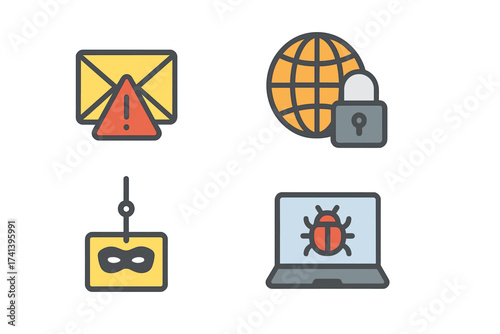 Data security concept icon set. Cybersecurity and internet protection. Flat graphics for web banners. Warning of spam, insecure connection, scam, phishing, computer virus, malware.