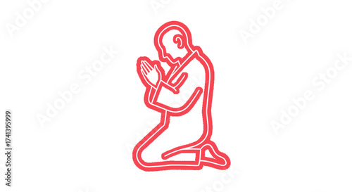 Red Neon Outline Icon of Person Kneeling and Praying.