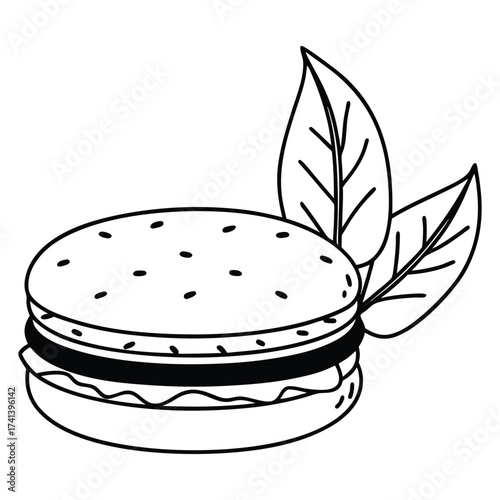 Savory Burger Delight: An artistic black and white illustration of a perfectly crafted burger with fresh, crisp lettuce and a garnish of vibrant leaves, evokes a sense of gourmet dining.