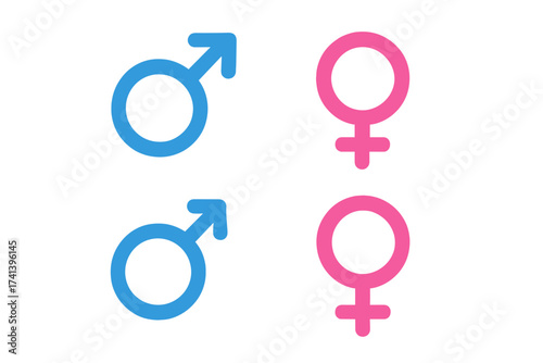 Male and female gender symbol icon set. Blue man and pink woman signs. Vector illustration for sex, relationship, heterosexual, equality, man, woman, boy, and girl identity.