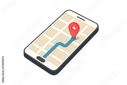 GPS navigation app on mobile phone. Isometric smartphone with map, route, and location pin. Concept for a tracking system, finding a destination, direction, and travel technology.