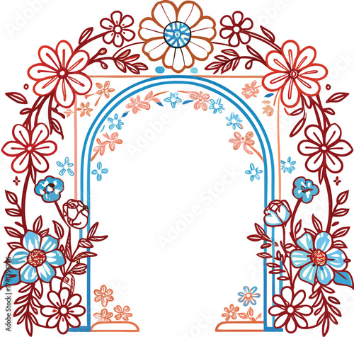 Decorative floral archway with blue and red flowers and leaves