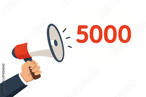 Hand holding megaphone with 5000 speech bubble. Loudspeaker for business marketing and advertising. 5k followers, likes or subscribers celebration. Announcement banner vector.