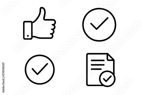 Approval and confirmation line icon set. Thumbs up, check mark, and certified document symbols. Vector collection for validation, agreement, quality check, and success concepts.