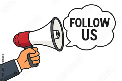 Hand holding megaphone with Follow Us speech bubble. Social media marketing, advertising, promotion concept. Loudspeaker for announcement and communication. Subscribe, join us.