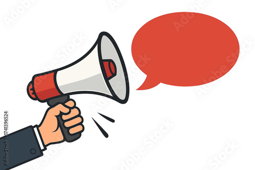 Hand holding megaphone with speech bubble. Loudspeaker for business promotion, marketing, and advertising. Hot deal, sale, and discount announcement. Attention vector concept.