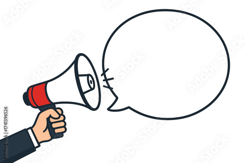 Male hand holding megaphone with new blog post. Loudspeaker for business, marketing and advertising. Important message or news alert concept. Speech bubble vector banner.