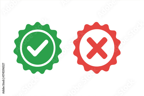 Approved and rejected icon set. Green checkmark for approval, red cross for rejection. Certified seal, accept and deny button for pass or fail. Vector quality control symbol.