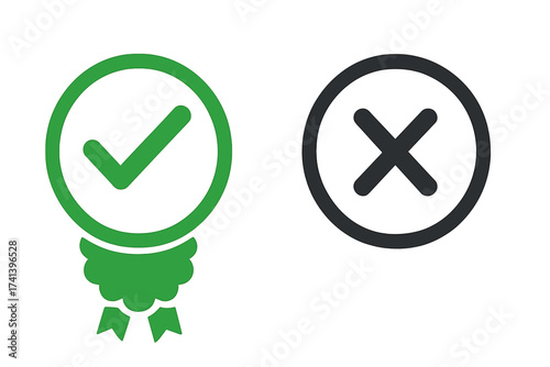 Approved and rejected icon set. Green certified seal with checkmark for quality pass. Black X cross for fail, wrong answer, or decline. Yes and no. Accept and deny symbols. Vector.