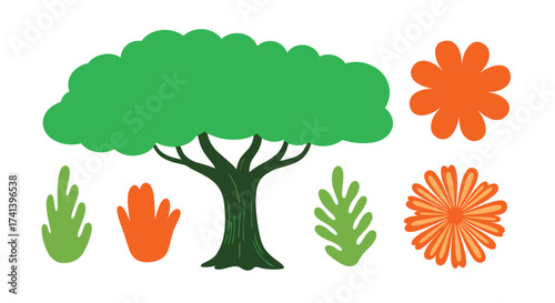 A vibrant cartoon illustration of a lush green tree surrounded by colorful foliage and bright orange flowers.