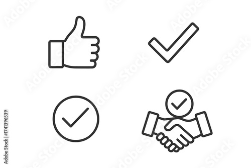 Set of approval and confirmation icons in thin line style. Thumbs up, check mark, and handshake symbols for agreement, validation, quality check, and business success.