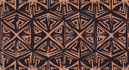 An intricate geometric pattern featuring interconnected triangular shapes in earthy tones of brown and tan.