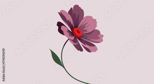 A single blooming purple flower with a red center and a long curved stem on a light pink background.