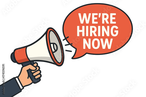 We're hiring now announcement with megaphone. Loudspeaker in hand. Job vacancy and recruitment concept. Banner for business, marketing, advertising. Join our team. Career opportunity.