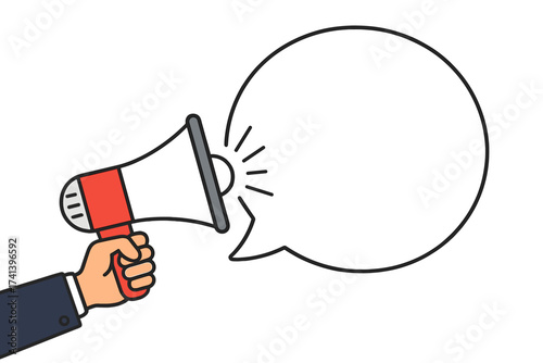 Male hand holding megaphone with whats new speech bubble. Loudspeaker banner for business, marketing, advertising. Announcement, news, alert, and promotion concept vector illustration.