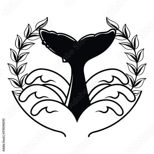 Whale Tail Silhouette with Waves: A striking silhouette of a whale's tail gracefully breaches the water, framed by an elegant laurel wreath, symbolizing ocean life, majesty, and the bond with nature.
