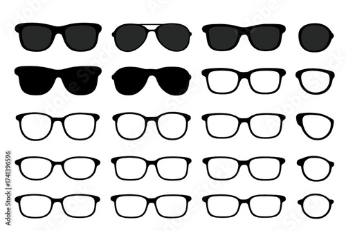 Big set of glasses vector icons. Sunglasses and eyeglasses silhouettes collection. Fashion accessory illustration. Various styles of retro and modern eyewear frames for design.